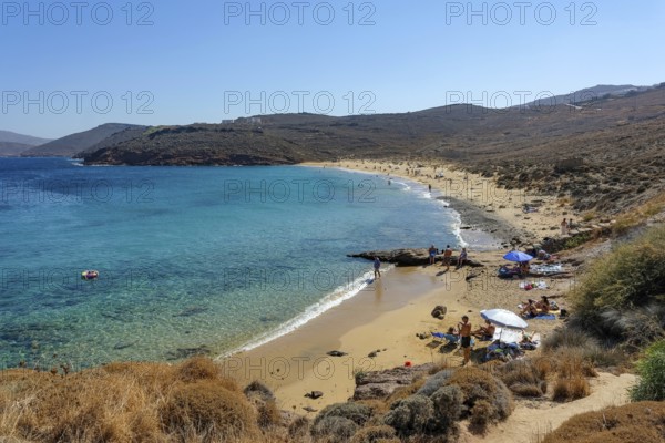Agios Sostis, Mykonos, Cyclades, Greece - Agios Sostis Beach, small town with the famous Kikis Tavern restaurant, sandy beach in the north of the island