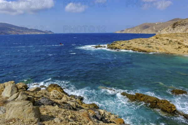 Mykonos, Cyclades, Greece - Ftelia Beach, Ftelia Beach, sandy beach on a windy rocky coast in the north of the island