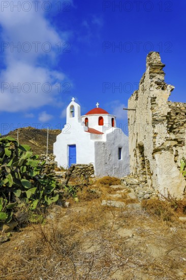 Ano Mera, Mykonos, Cyclades, Greece - Small church from the 18th century on the site of the Gyzi ruins, 13th century castle ruins by the Venetian Gyzi family, right next to the Paleokastro monastery in the interior of the island just outside Ano Mera, is now a tourist attraction much visited by tourists. Typical fig cacti in front