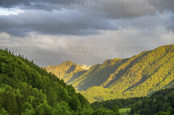 View into the mountains next to Lake Traunsee on a rainy day in spring, Traunstein summit, Traunkirchen, Salzkammergut, Austria