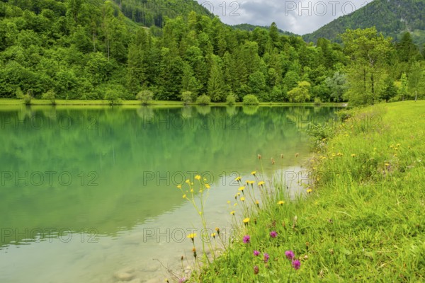 Landscape of Lake Elisabethsee on a rainy day in spring, Austria