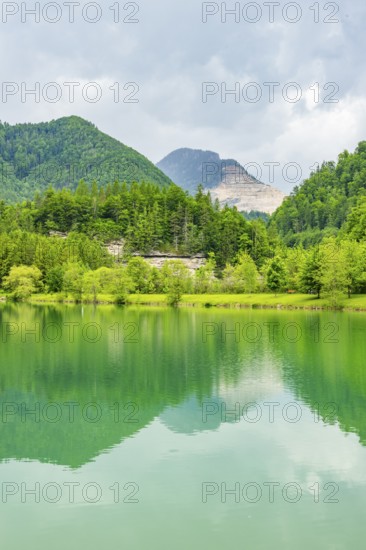 Landscape of Lake Elisabethsee on a rainy day in spring, Austria