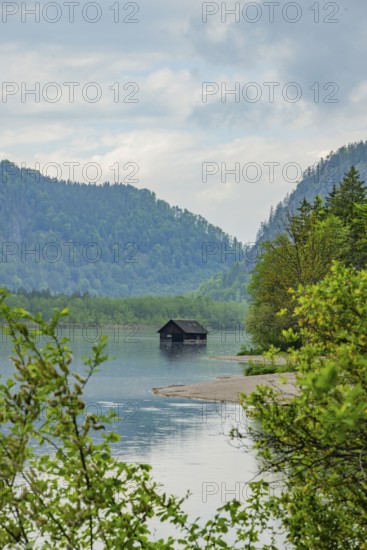 Fishing hut in lake Almsee, Grünau, Almtal, Salzkammergut, Upper Austria, Austria