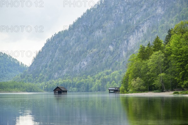 Fishing hut in lake Almsee, Grünau, Almtal, Salzkammergut, Upper Austria, Austria