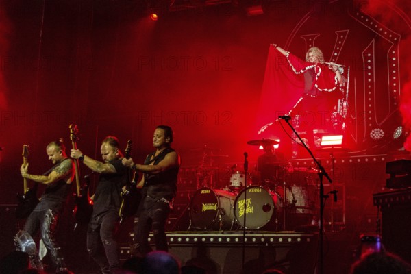 Ande Braun (guitarist), Steffen Haile (bassist), Jim Müller (guitarist), Sebastian Berg (drummer) and Hannes Braun (singer) of the band Kissin' Dynamite live on Back with a Bang World Tour at Capitol Hannover on 09.11.2025