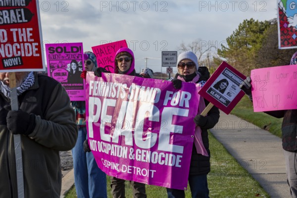 Farmington Hills, Michigan USA - 10 November 2025 - Activists picket U.S. Senator Haley Stevens' suburban Detroit office to protest the senator's acceptance of campaign funding from the American Israel Public Affairs Committee (AIPAC). CodePink is a feminist anti-war organization