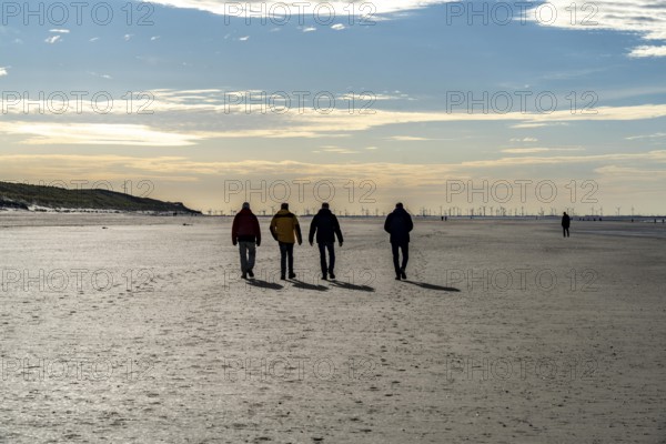 Walkers on the Wadden Sea near the East Frisian island of Spiekeroog, west of the North Sea island, at low tide, wind farm on the coast in the background, Lower Saxony, Germany