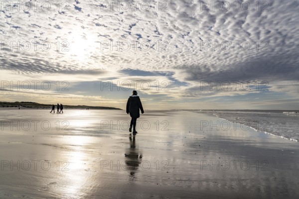 Walkers on the Wadden Sea near the East Frisian island of Spiekeroog, west of the North Sea island, at low tide, Lower Saxony, Germany