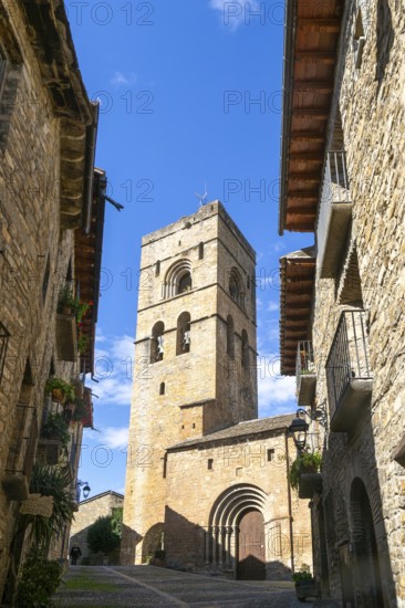 Church tower historic buildings medieval village of Ainsa, Aínsa-Sobrarbe, Huesca province, Aragon, Spain