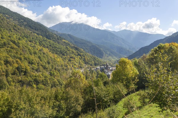 Landscape view over Pyrenees mountain village of Bielsa, Huesca province, Aragon, Spain