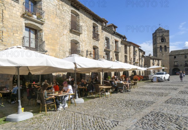 Restaurants historic buildings medieval village of Ainsa, Aínsa-Sobrarbe, Huesca province, Aragon, Spain