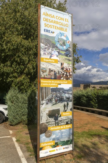 Sustainable Development banner, village of Ainsa, Aínsa-Sobrarbe, Huesca province, Aragon, Spain