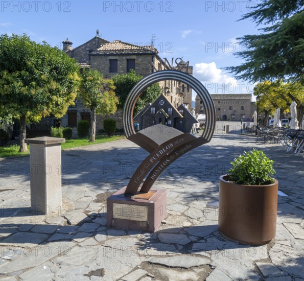Sign for Pueblos Mas Bonito, medieval village of Ainsa, Aínsa-Sobrarbe, Huesca province, Aragon, Spain