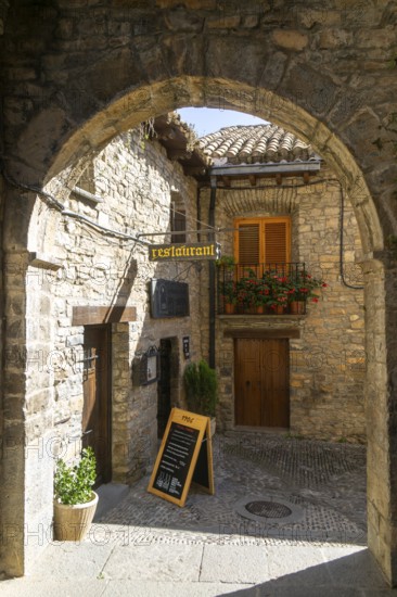 Restaurant historic buildings medieval village of Ainsa, Aínsa-Sobrarbe, Huesca province, Aragon, Spain