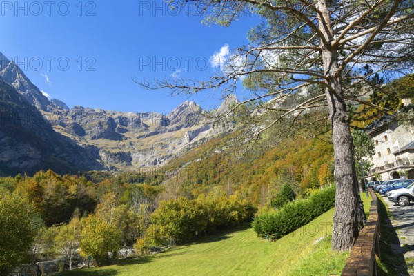Mountain landscape view Ordesa y Monte Perdido National Park, Bielsa parador, Huesca province, Aragon, Spain