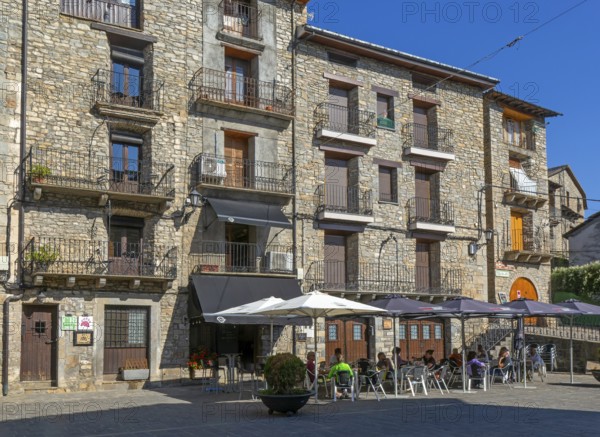 Buildings in main square plaza of historic medieval village of Boltana, Huesca province, Aragon, Spain