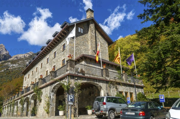 Bielsa Parador hotel building mountain landscape, Ordesa y Monte Perdido National Park, Bielsa, Huesca province, Aragon, Spain