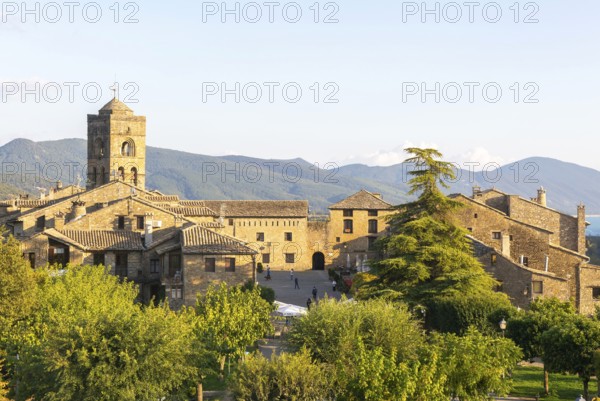Church tower historic buildings medieval village of Ainsa, Aínsa-Sobrarbe, Huesca province, Aragon, Spain