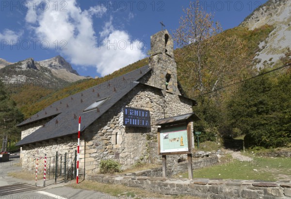 Ermita de Pineta hermitage building, Ordesa y Monte Perdido National Park, Bielsa, Huesca province, Aragon, Spain