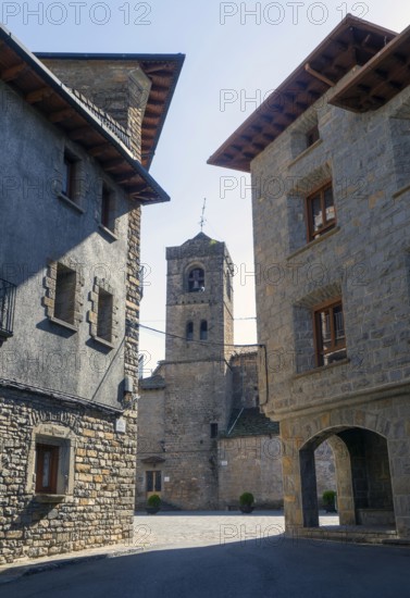 Buildings and church tower historic medieval village of Boltana, Huesca province, Aragon, Spain