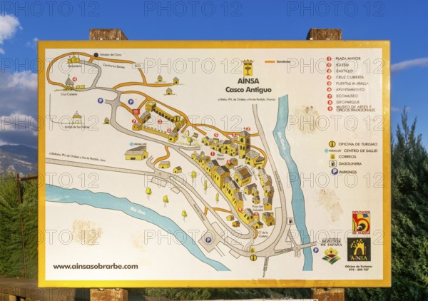 Map of historic buildings medieval village of Ainsa, Aínsa-Sobrarbe, Huesca province, Aragon, Spain