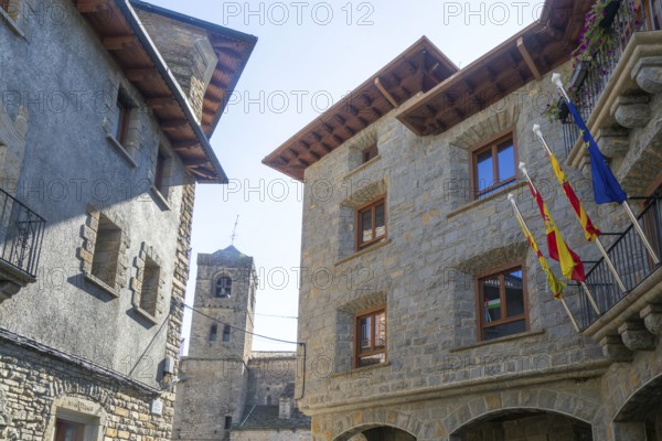 Buildings and church tower historic medieval village of Boltana, Huesca province, Aragon, Spain