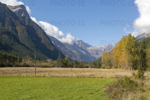 Valley view to Pyrenees mountains, Bielsa, Huesca province, Aragon, Spain - Ordesa y Monte Perdido, National Park