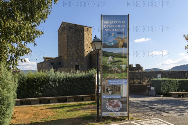 Sustainable Development banner, village of Ainsa, Aínsa-Sobrarbe, Huesca province, Aragon, Spain