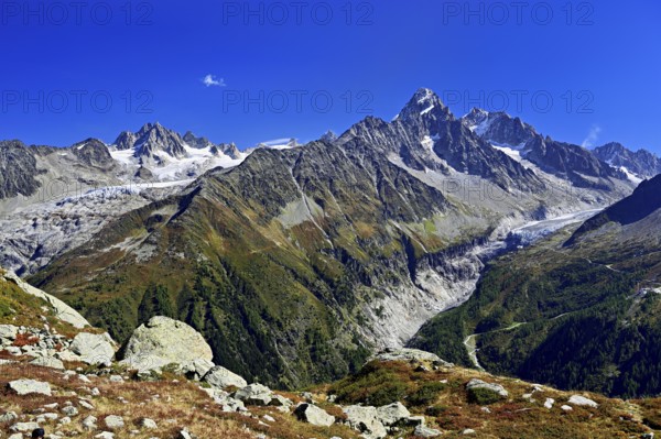 From left front Glacier du Tour back Aiguilles du Tour, right Aiguille du Chardonnet, in front foothills of the Argentière Glacier, Chamonix-Mont-Blanc, Haute-Savoie, France