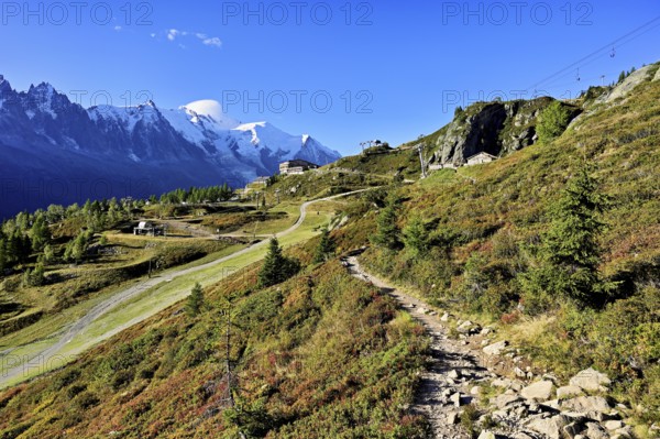 Mountain station of the La Flégère cable car, with the snow-covered Mont Blanc massif at the back, Chamonix-Mont-Blanc, Haute-Savoie, France