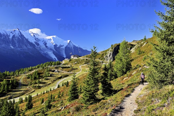 Female hiker on a hiking trail with the La Flégère cable car mountain station and the snow-covered Mont Blanc massif, Chamonix-Mont-Blanc, Haute-Savoie, France