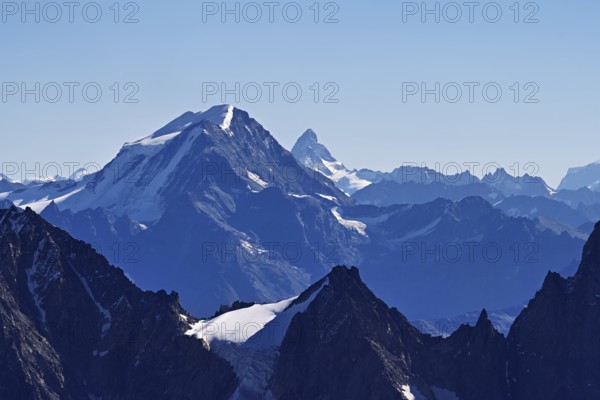 View of the Swiss Alps with the Matterhorn, Pointe Helbronner viewing terrace, Chamonix-Mont-Blanc, Haute-Savoie, Italian watershed, France