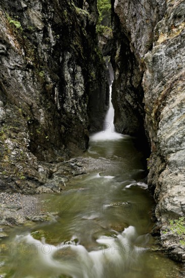 Small waterfall, Diosaz mountain river in the gorge, Gorges de la Diosaz, Les Houches, Chamonix-Mont-Blanc, Haute-Savoie, France