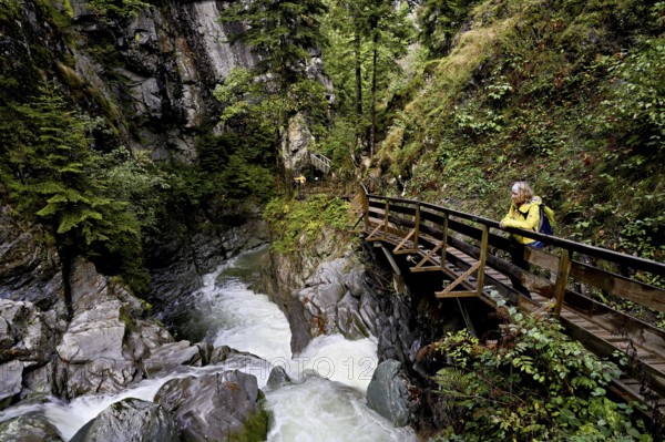 Female hiker on wooden walkway on the Diosaz mountain river in the gorge, Gorges de la Diosaz, Les Houches, Chamonix-Mont-Blanc, Haute-Savoie, France