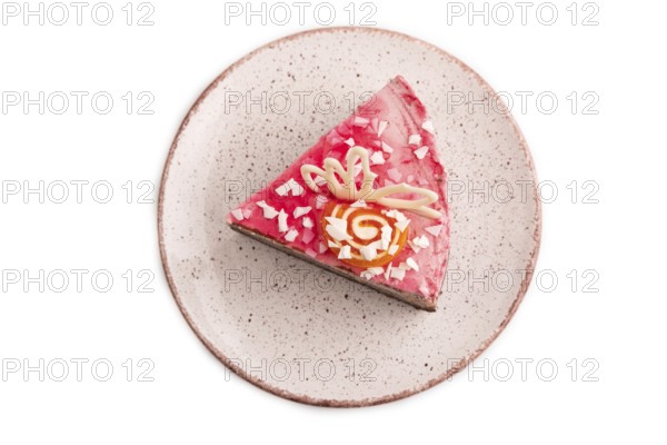 Chocolate cake isolated on white background, top view, flat lay, close up
