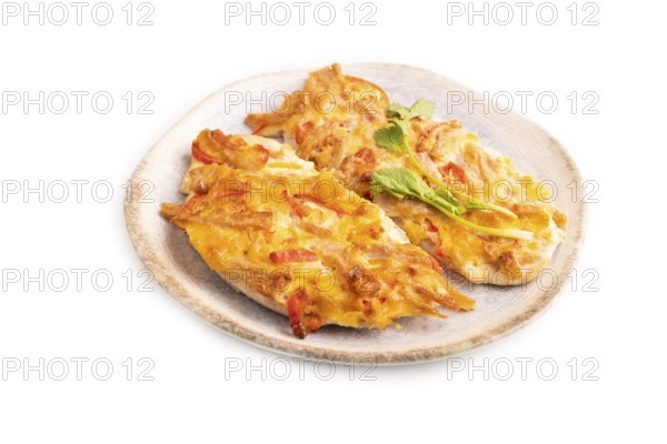 Baked chicken meat with cheese and tomatoes isolated on white background. side view, close up