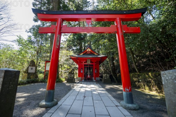 Red Torii and Small Shrine, Hakoneshichifukujin, Hakone Shrine, Shinto Shrine, with Sun Star, Hakone, Japan