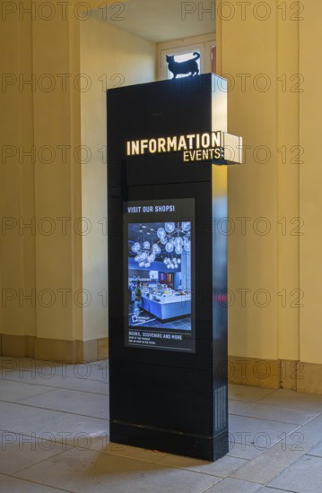 Black information columns with LED screen and notes, Humboldt Forum Berlin, Germany