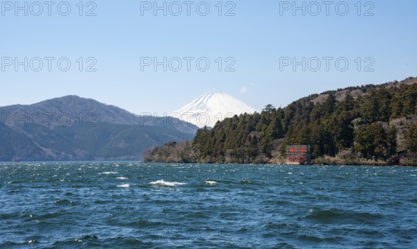 View of Lake Ashi with Mount Fuji volcano and peace torii from Hakone Shrine, Hakone, Japan