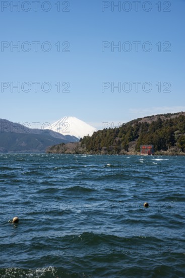 View of Lake Ashi with Mount Fuji volcano and peace torii from Hakone Shrine, Hakone, Japan