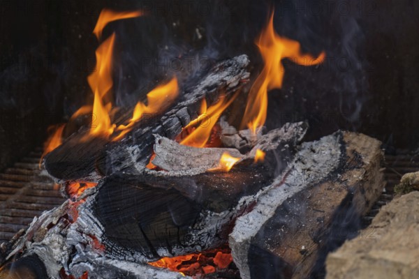 Burning logs with glowing flames and glowing embers in a fireplace, Münsterland, North Rhine-Westphalia, Germany