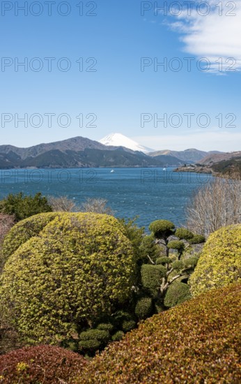 View of Lake Ashi with Mount Fuji volcano, Benten-no-hana Tenbodai viewpoint, Hakone Park, Hakone, Japan
