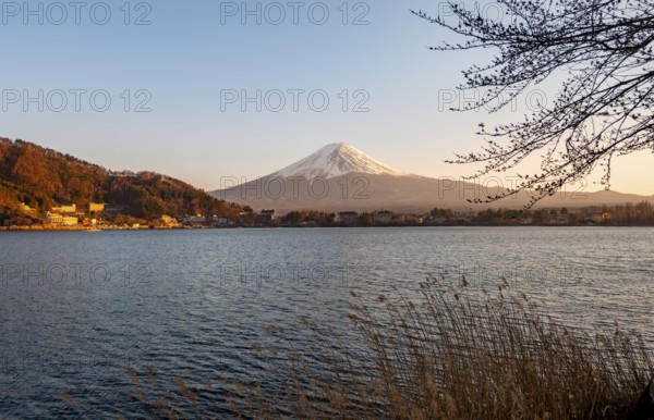 Lake Kawaguchi, view of Mount Fuji volcano at sunset, Yamanashi Prefecture, Japan