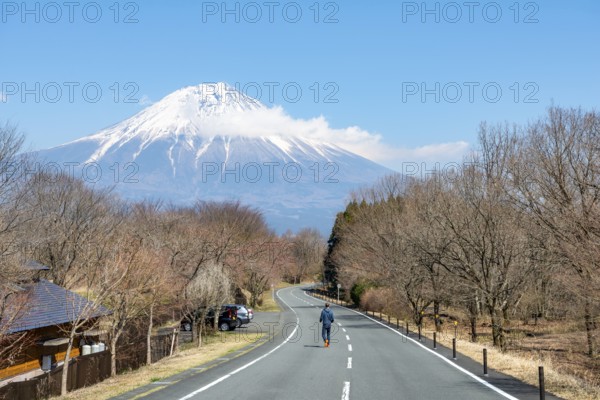 Young man on street, road leading to Mount Fuji volcano, wanderlust, Yamanashi Prefecture, Japan