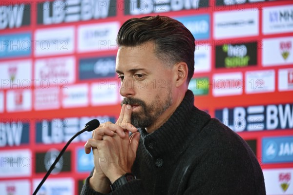 Press conference PK trainer coach Sandro Wagner FC Augsburg FCA portrait gesture thoughtful MHPArena, MHP Arena Stuttgart, Baden-Württemberg, Germany