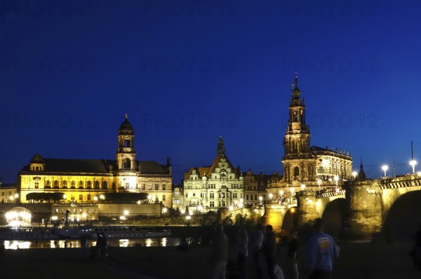 View of the Court Church and Castle, Blue Hour, tourists, Dresden, Saxony, Germany