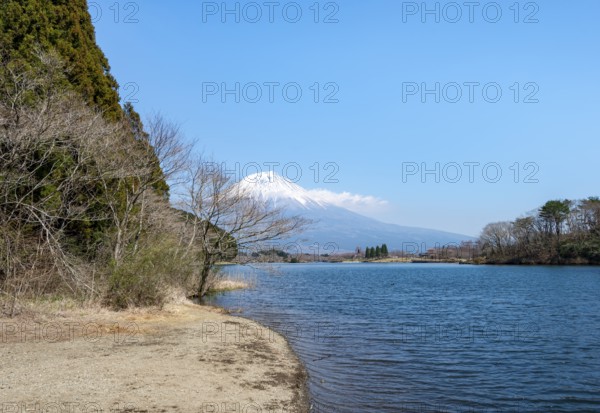 View of Mount Fuji volcano and Lake Tanuki on the lakeside, Fujinomiya, Shizuoka, Japan