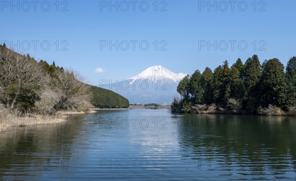 View of Mount Fuji volcano and Lake Tanuki from Fuji-mae observation deck, Fujinomiya, Shizuoka, Japan