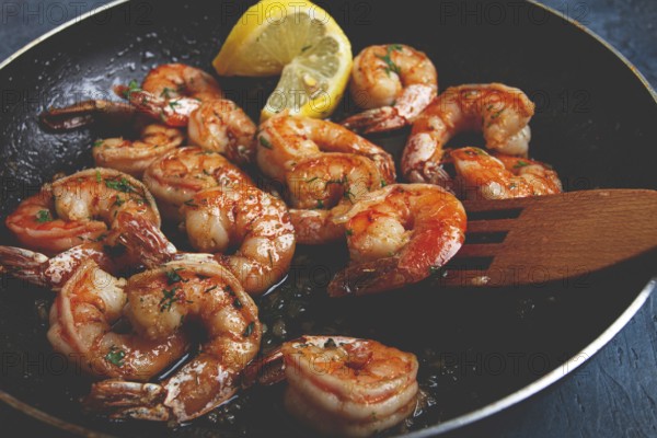 Fried tiger prawns, jumbo, in garlic sauce, in butter, with herbs, in a frying pan, homemade, no people