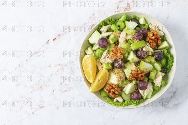 Fresh Waldorf salad, celery stalk with chicken, apple and walnuts, grapes, herbs, homemade, without people